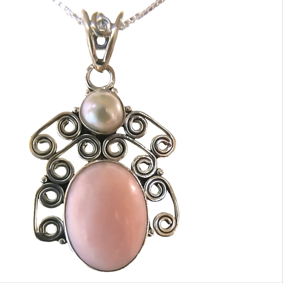 Pink Opal, Freshwater Pearl & Sterling Silver Pendant Necklace - Picture 1 of 7